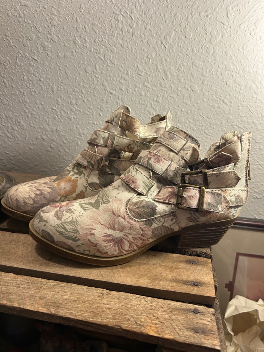 Floral Ankle Booties with Buckle Straps - Pink Floral Coastal Cowgirl Festival
